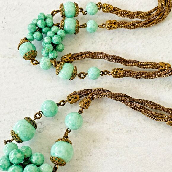 VTG Art Deco Czech Peking Jade Long Flapper Necklace Bead Cluster Stations 35"Lg - Picture 11 of 11